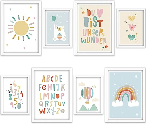 Milaboo® Poster Kinderzimmer Tiere I Made in Germany DIN A4 und DIN A5 Bilder I Schöne Babyzimmer Deko I Kinder Wandbilder (8er Set-Happy)