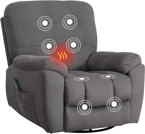 Bosmiller Relaxsessel mit Liegefunktion Massagesessel Oversize Fernsehsessel 360°Drehbarer Liegesessel Heizung Verstellbar Sessel Stoff, Grau