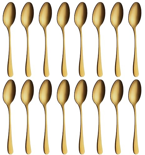 BEWOS Set de 16 Cuillere a Cafe Or Mat, cuillère en Acier Inoxydable de 13,7 Cm / 5,39 Inch, Petite Cuillère de Une Bonne, Lavables au Lave-vaisselle, Idéales Pour la Maison, les Restaurants