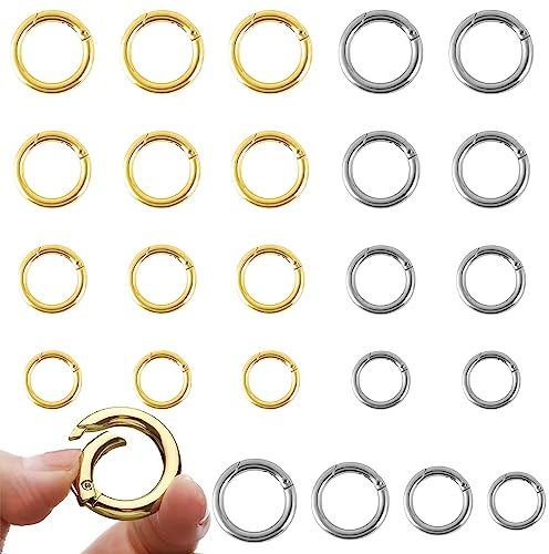 VEGCOO Karabiner Rund, 24 Stück Gold Silber 4 Größen Mini Karabiner Schlüsselanhänger Ringe für Rucksäcke Handtaschen Geldbörsen Schlüsselanhänger Schultergurte DIY