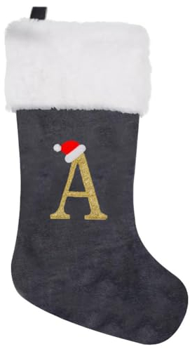 Große Weihnachtsstrumpfe 38 cm Weihnachtssocken Personalisiert Nikolausstiefel mit Letter, Christmas Stockings Weihnachtsbaum Kamin hängende Ornamente Geschenkhalter Weihnachtsdekorationen (Grau, A)
