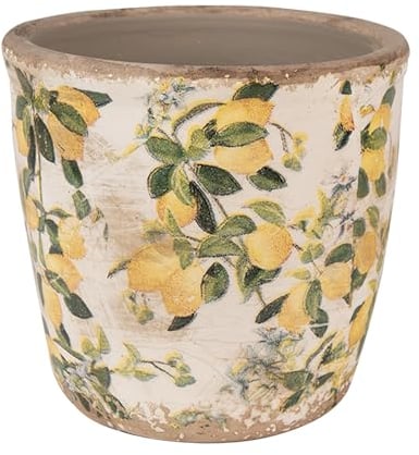 Clayre & Eef Blumentopf Ø 13x12 cm Beige Gelb Keramik Zitronen Innenblumentopf