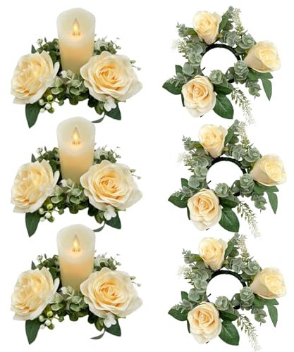 Kerzenringe Kränze, 6pcs 20 cm/7,9 Zoll künstliche Rosenkerzenringe, Blumenkranzkerzenhalter, Hochzeitsmittelstücke für Esstischdekor (Champagner)
