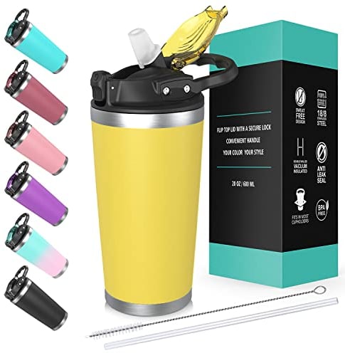 Travel Mug with Lid and Straw 20oz, Vacuum Insulated Coffee Tumbler Cup,Stainless Steel Tumbler, Double Wall Travel Coffee Mug with Splash Proof Lid, Keep Coffee Tea Hot Cold (Yellow)