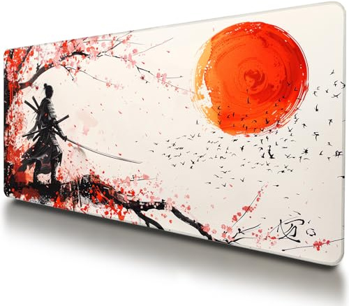 VNDL Großes japanisches Gaming-Mauspad, Weiß und Rot, Premium-rutschfeste Anime-Schreibtischunterlage für Büro, erweitertes XL-XXL-Mauspad und Laptop-Pad, wasserdicht und genähte Kanten, 80 x 40 cm