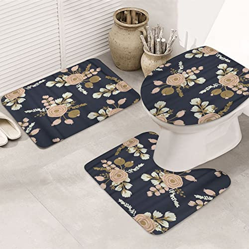 ERICAT Bath Mat Microfiber Bathroom Mat Sets 3 Piece,Watercolor Gold Rosa Blush Noisette Modern Rose Floral Pattern Flower Drawn,Machine Washable Non Slip Bathroom Rug