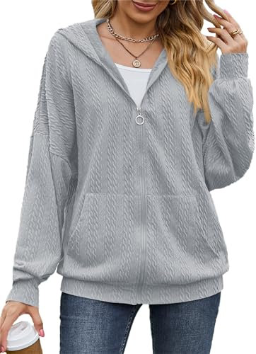 PANOZON Damen Hoodie Sweatjacke Kapuzenpullover Langarm Sweatshirt Kapuzenjacke Cropped Jacke mit Reißverschluss Grau XL