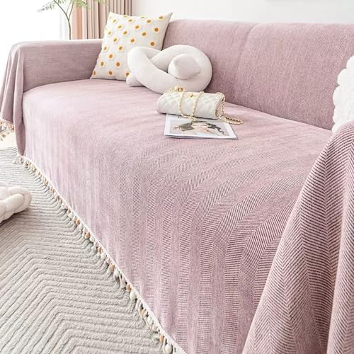 Epinki Sofaüberwurf, 180x400CM Sofahusse 4 Sitzer mit Quaste Einfarbig Muster, Anti-Rutsch Sofahusse aus Chenille Möbelschutz-Sofabezüge, Rose