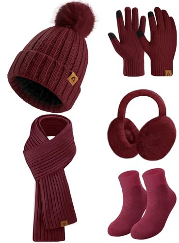 Xnova Hat and Scarf Set for Women Ladies 5Pcs, Winter Knitted Warm Beanie Hat Long Scarf Touch Screen Thermal Gloves Socks Plush Ear Warmers Sets Girls for Outdoors Ski with Gift Box, Wine Red