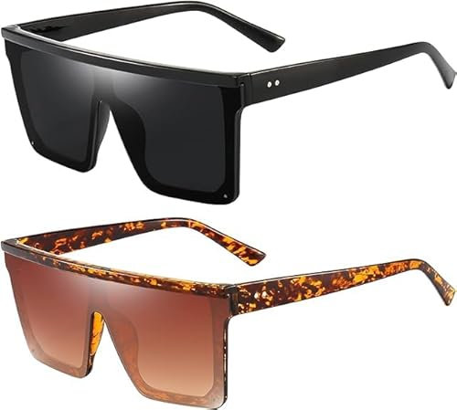 Dollger Retro Eckig Sonnenbrille Damen Herren Groß Mode Flat Top Big Rahmen Shades Schwarz+Leopard
