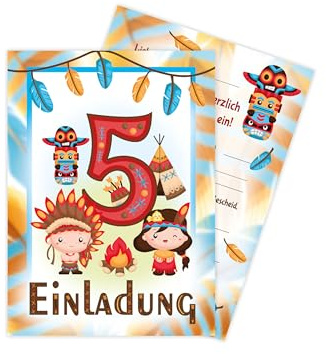 Limonia 12 Einladungskarten zum 5. Kindergeburtstag Motto Feier Fest Einladung Set Geburtstag Mädchen Kinder Jungs Jungen Boys Teenies Unisex Indianer Indianerdorf Tipi Powwow Traumfänger