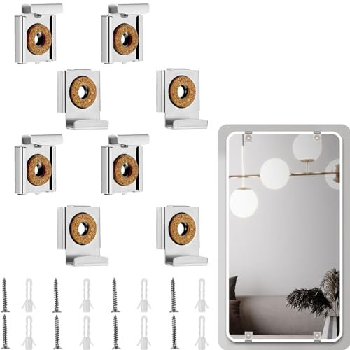 Clips de Montaje de Espejo sin Marco,juego de 2 (8 piezas) Soporte para Espejo Sin Marco,soporte para espejo con resorte,con Tacos y Tornillos,para espejos pesados,vidrio