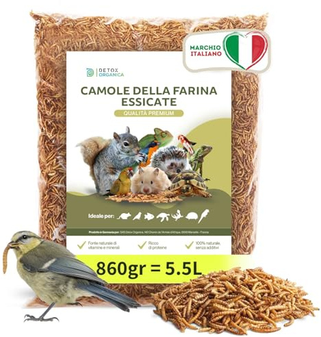 Detox Organica Camole della Farina Essiccate 860g = 5.5 L - Qualità Premium | Tarme della Farina 100% Naturale - Podotto Germania - Mangime Uccelli Selvatici, Pesci, Tartarughe, Roditori, Rettili