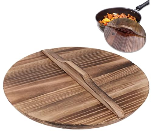 Couvercle de wok 14 pouces, couvercle de wok en bois, couvercle fait à la main en bois pour wok, anti-débordement, couvercle de pot ronde de remplacement avec poignée pour le camping de cuisine