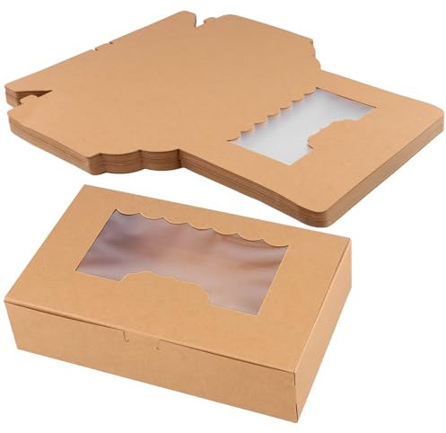 HEIHAK 50 PCS Kraft Cookie Boxes with Window, 21.5x13.5x5cm Dessert Boxes, Brown Cake Boxes for Storing Candies, Biscuits, Muffins, Cupcakes, Cookies, Donuts