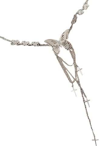 Uqezagpa Taillengürtel, mit Fransen und Schmetterling, glänzend, metallisch, 2000er-Jahre-Bauchkette, Gürtel für Damen, modische Taillendekoration, Körperschmuck, silber, See size chart