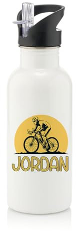 Personalised Cycling theme, Sports gift, Cycle Lover Gift, Stainless Steel 600ml Water Bottle with Straw. (White)