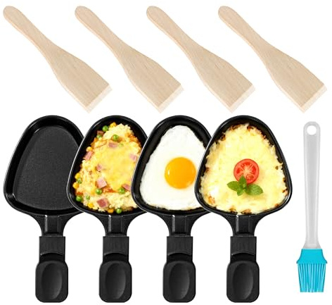 Kosmosta 4er Set Raclette Pfännchen Dreieck mit 4 Holzspateln, Antihaft Grillpfannen, Mini Käse Schmelzer, Raclette Zubehör Ersatz, Tischgrill Party