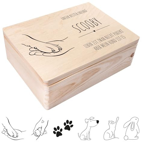 Creative Deco Holzkiste Haustier | 40 x 30 x 14 cm Erinnerungsbox mit Namen | Personalisiert mit Wunschtext | Aufbewahrungsbox für Tierspielzeug Fotos