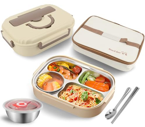 MEKOTRIN Lunch Box, Stainless Steel Lunch Box with Compartments, 1000ML Food Container with Lunch Bag Soup Bowl and Cutlery Set for School Kindergarten Office Kids Adults(Beige)