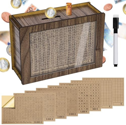 Alyvisun Spardose Holz mit Marker Aufklebern, Sparbüchse mit Zähler 5000€ Wiederverwendbare Geldkassette Holzspardose mit Sparziel zum Ankreuzen Sparbox Geldsparbox Cash Box €500-€10000 Ziel