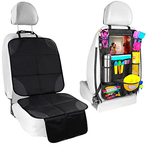 Fervalyna Protector Asiento Coche Silla Bebe, Antideslizante Impermeable Funda Coche Asiento Compatible Isofix con Organizador Bolsillos, Universal Protector Seguro Respaldo para Asiento Infantil