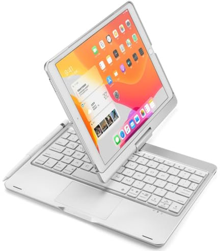 kaidisen 360 Rotatable Keyboard for iPad 9th/8th/7th Generation 10.2 inch, Air 3rd Gen, Pro 10.5 inch Keyboard Case with Touchpad 7 Color Backlight Foldable Backlit Keyboard,Silver