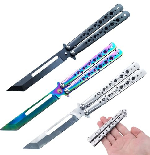 WANDGU Lot de 3 couteaux papillon d'entraînement : couteau papillon pour s'entraîner à lame non aiguisée et peigne papillon en acier inoxydable pour couteau d'entraînement Balisong débutant (noir +