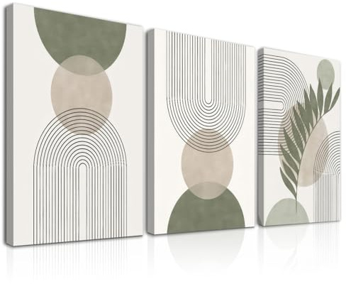 Dazzlewall 3Pcs Gerahmte Boho Abstrakte Wandkunst Dekor Salbeigrün und Beige Drucke, Minimalistische Geometrische Wandposter für Schlafzimmer Wohnzimmer Dekor 12x16 zoll