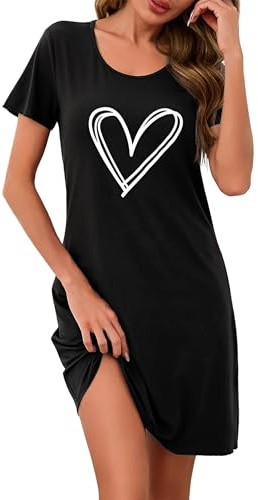 Demegimi Nachthemd Damen Kurzarm Schlafshirt Baumwolle Kurz Herzen Nachtkleid Sommer Sleepshirt Nachtwäsche S-3XL