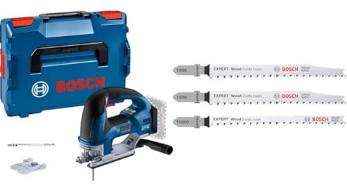 Bosch Professional 18V System Cordless Jigsaw GST 18V-155 BC + 3x EXPERT Wood 2-side clean Jigsaw Blade Set (for Solid wood furniture board, Plywood, Length 117 mm)