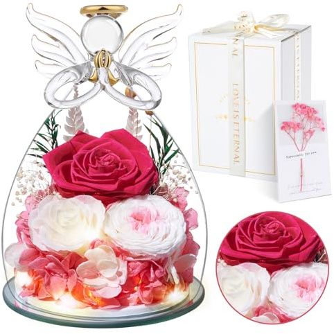 Touloube Ewige Rosa Rose Geschenke | Ewige Rose in Engel Glaskuppel mit Einer wunderschönen Geschenkbox | Konservierte Blumen Handgemachte Infinity Rose für Frauen Freundin Mutter