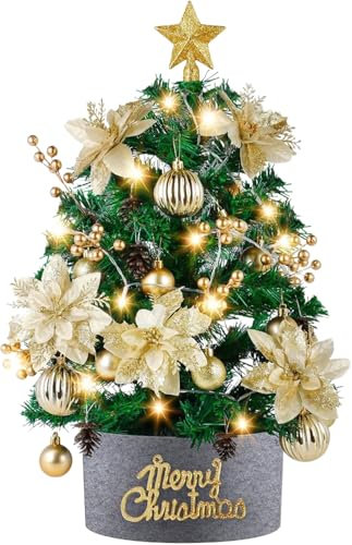 WINOK Mini Weihnachtsbaum 60 cm, Kleiner Weihnachtsbaum mit Beleuchtung LED Tisch Weihnachtsbaum klein künstlich geschmückt für Weihnachtsdeko und Partybedarf - Grün