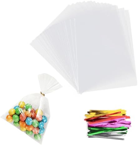 Wanheart 100 Stück Klarsicht OPP Beutel mit 100 Bunt Twist Ties – für Süßigkeiten, Kekse, Popcorn, Brot, Geschenkverpackung für Party, Hochzeit, Weihnachten (Transparent, 15x20 cm)