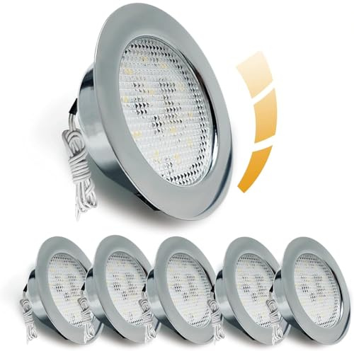 Sweier LED Einbaustrahler, 230V 5W Dimmbar Einbauspots, 4500K Neutralweiß IP44 ultraflach 20mm flacher Einbaustrahler für Schrank Möbel Wohnmobil Camper, 55–58mm Verchromter Aluminiumrahmen, 6er Set