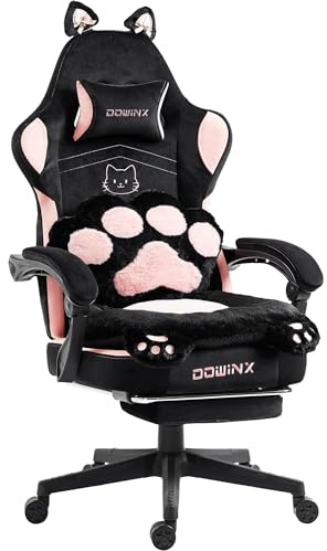 Dowinx Silla Gaming Ergonómica con Reposapiés, Silla Gamer de Terciopelo con Cojín Lumbar y Orejas de Gato, Silla de Oficina para PC y Escritorio, para Mujeres, Adultos y Adolescentes,Negro y Rosa
