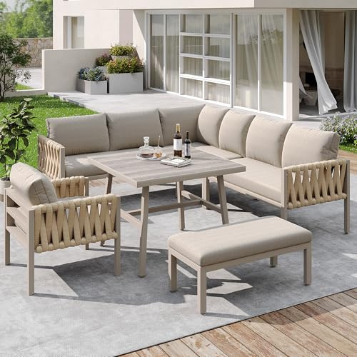 Gartenmöbel set, Garten Essgruppe 8 Personen, Seilgartenmöbelset mit verzinktem Eisengestell, Tischplatte aus gehärtetem Glas, Outdoor Gartengarnitur für Garten, Balkon, Terrasse (Beige, 8 Personen)