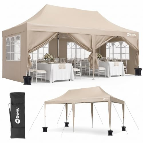 Sekey Faltpavillon 3x6 Wasserdicht Stabil Winterfest mit Seitenwand, Gartenpavillon mit Hoher Spitze, PU1000+ & UV50+, Pop Up Pavillon Partyzelt für Garten/Camping, Event Serie 3x6,Khaki