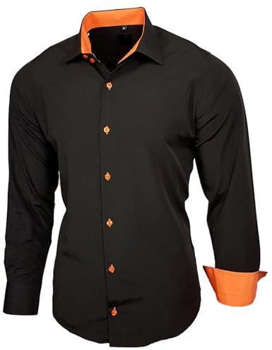 Baxboy Herren-Hemd Slim-Fit Bügelleicht Für Anzug, Business, Hochzeit, Freizeit - Langarm Hemden für Männer Langarmhemd R-44, Farbe:Schwarz/Orange, Größe:5XL