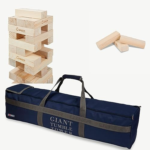Ubergames Wackelturm XL Spiel Aus ECO echt hart Holz - 22kg-28kg - Top Qualität Stapelturm- Blockenspiel bis zu 150cm- Made in Indien - in Luxus Tragetasche