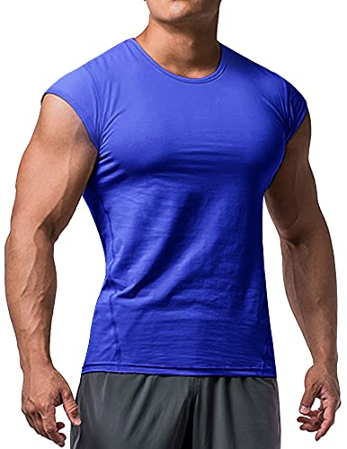 Herren Sportlich T-Shirts Tees Kurz Ärmel Bodybuilding Trainieren Ausbildung Fitness Tops Crew Hals Baumwolle Blau S
