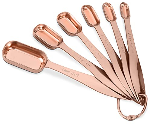 Accurate 18/8 Stainless Steel Measuring Spoons, Heavy Duty Good Handle Set of 6 Measuring Spoon with Ring Connector, Rose Gold