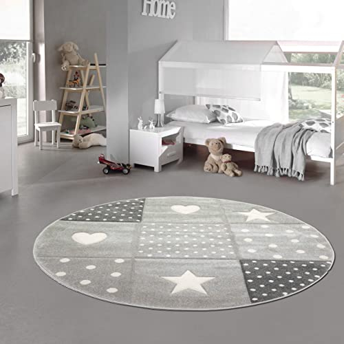 Teppich-Traum Kinderzimmer Teppich Spiel & Baby Teppich Herz Stern Punkte Design Creme Schwarz Grau Größe 120 cm rund