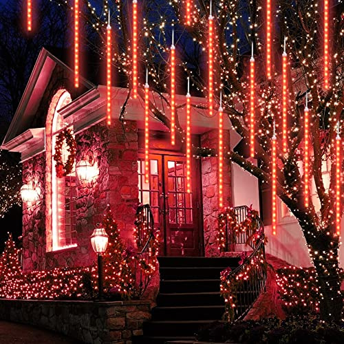 CGUOZI MÉTÉOR DOUCHES DE Pluie DE Douche 50cm 8 Tubes 384 LEDS étanches Illumination de glaçon Neige Tombant guirlandes Lumineuses pour Mariage Arbre de Jardin de Noël décor Rouge