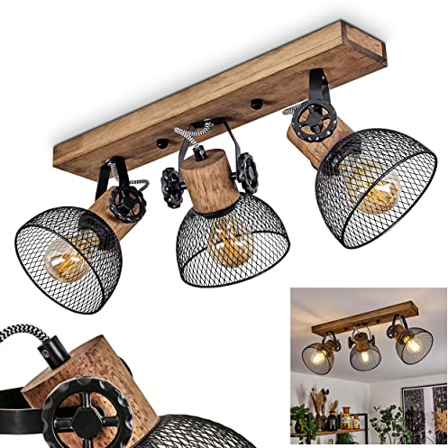 Deckenleuchte Orny, Deckenlampe im Vintage-Design aus Holz/Metall in Braun/Schwarz m. Schirmen in Gitter-Optik, Leuchte m. Holzbalken, Textilkabeln u. verstellbaren Strahlern, 3xE27, ohne Leuchtmittel