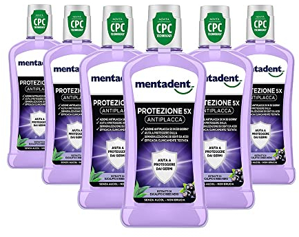 Mentadent Mundwasser Schutz 5x Anti-Plaque mit CPC für einen antibakteriellen Schutz für den Mund, 6 Stück à 400 ml