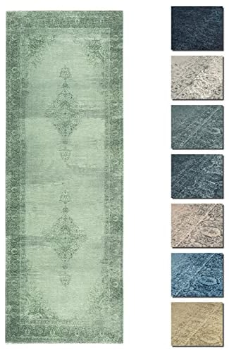 TESSO LIVING Kelim Vintage Teppich Wohnzimmer Grün 80 X 195 cm - Moderner Kurzflor Teppich - Super Soft