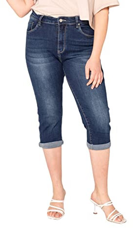 Nina Carter P200 Jean Capri Femme Grande Taille Stretch Taille Haute Jean 3/4 Style Décontracté Usé Pantacourt d'Été Élastique, Bleu foncé (P200-1), 44