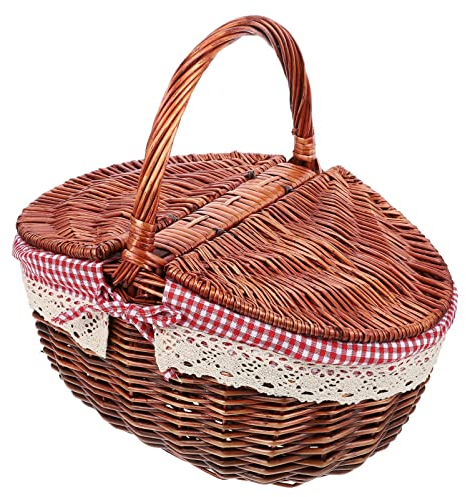 UKCOCO Aufbewahrungskorb Picknickkorb Geflochten mit Deckel Griff Liner Einkaufskorb Geschenkkorb Tragekorb Obstkorb Picknickbedarf Landhausstil Weidenkorb