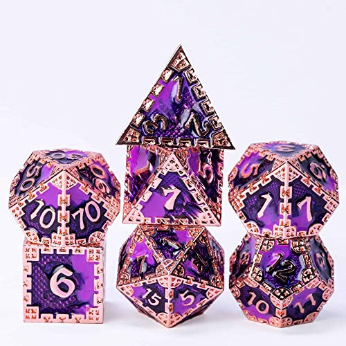 Cusdie Metallwürfel-Set, 7-teilig, DND-Metallwürfel, Drachenschuppen, polyedrisches Würfel-Set, für Rollenspiele, D&D-Würfel (Kupfer mit Lila)